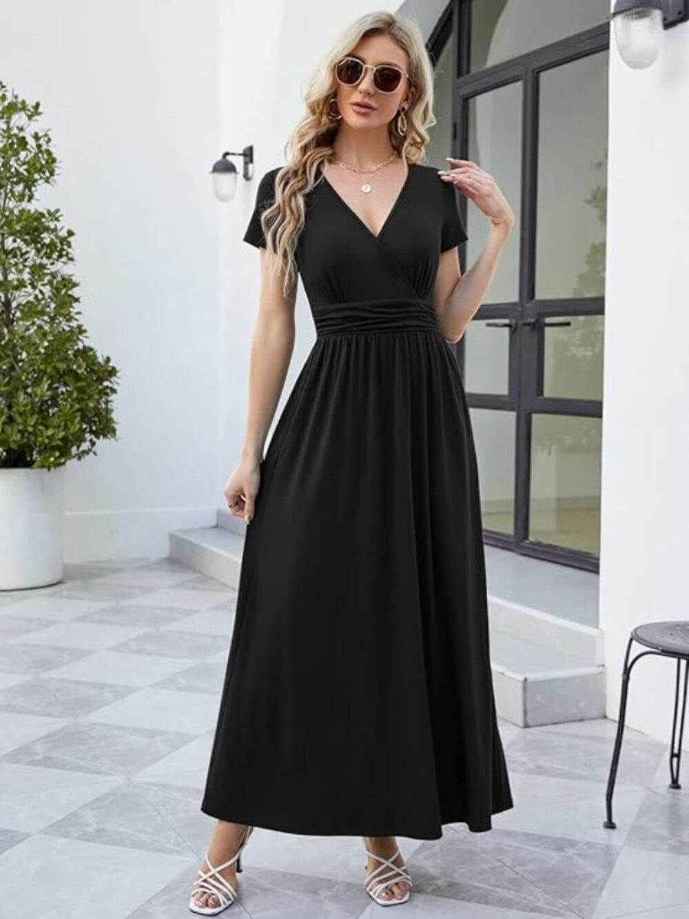 Women's 2026 Wrap V Neck Maxi Dress Short Sleeve Empire Waist Flowy Summer Long
